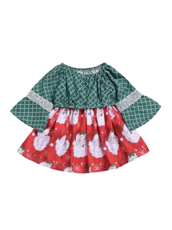 Little Girl Christmas Checked Flared Sleeve Santa Dress