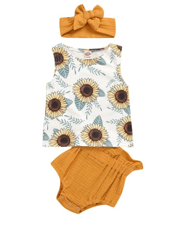 3 Pieces Baby Girl Sunflower Tank Top & Shorts & Headband