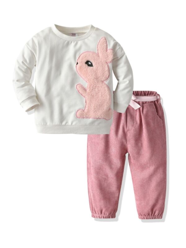 2 Pcs Kid Girl Set Rabbit Sweatshirt & Corduroy Pants 