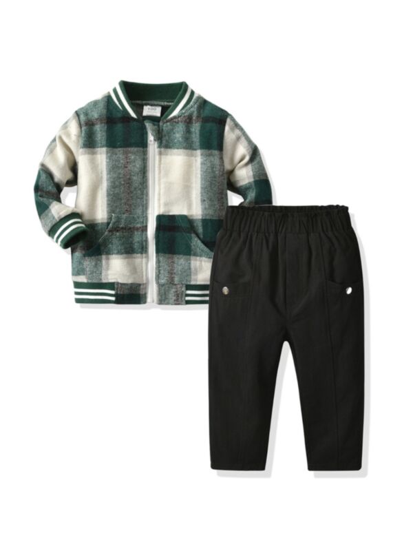 2 Pieces Kid Boy Outfit Plaid Bomber Jacket With Black Trousers
