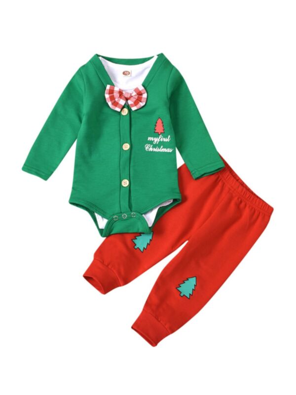 3 Pieces Baby Boy Christmas Set Bowtie Short Sleeve Bodysuit & Buttoned Bodysuit & Pants
