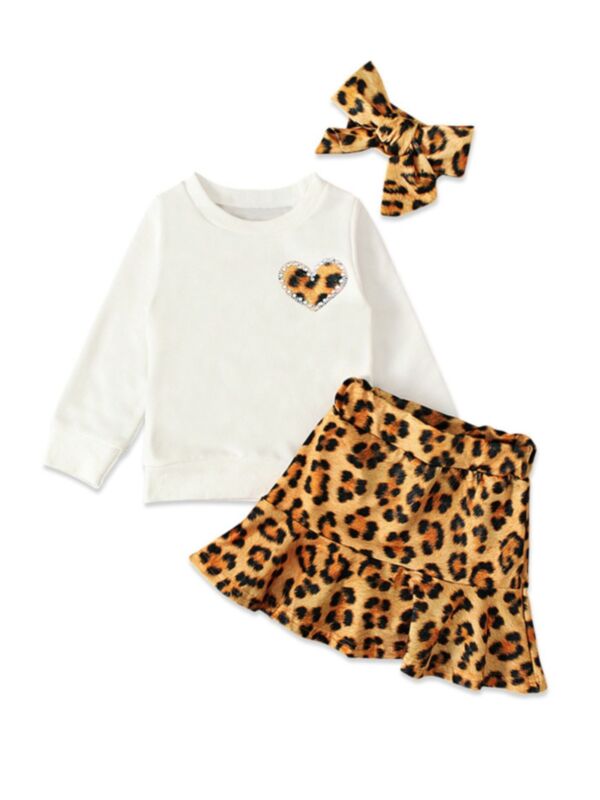 3 Pieces Infant Toddler Girl Leopard Set Love Heart Top & Ruffle Hem Skirt & Headband