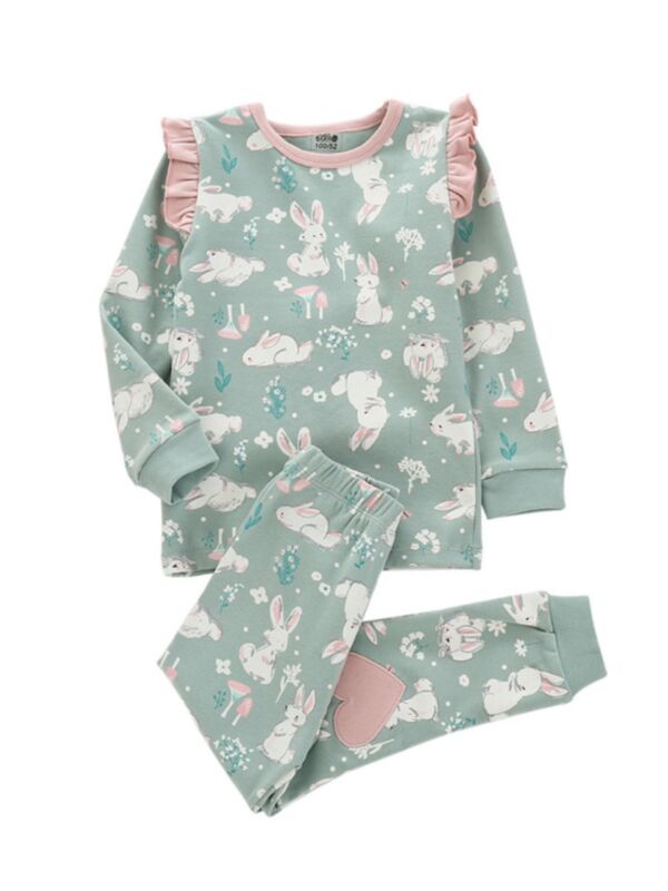 2 Pieces Kid Girl Rabbit Love Heart Pajamas Set Top & Pants