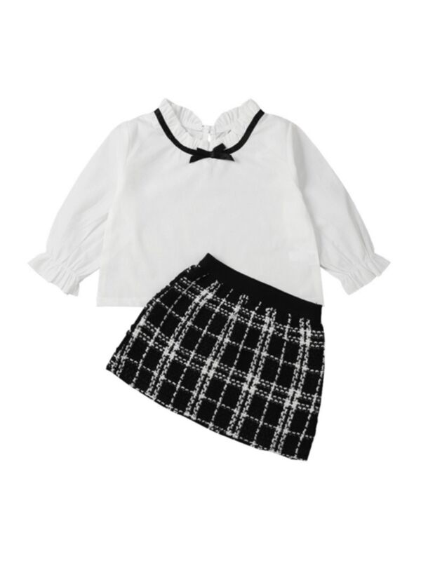 2 Pieces Baby Girl Outfit White Blouse & Plaid Skirt