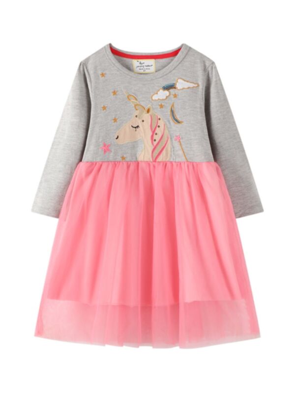 Kid Girl Unicorn Print Mesh Dress