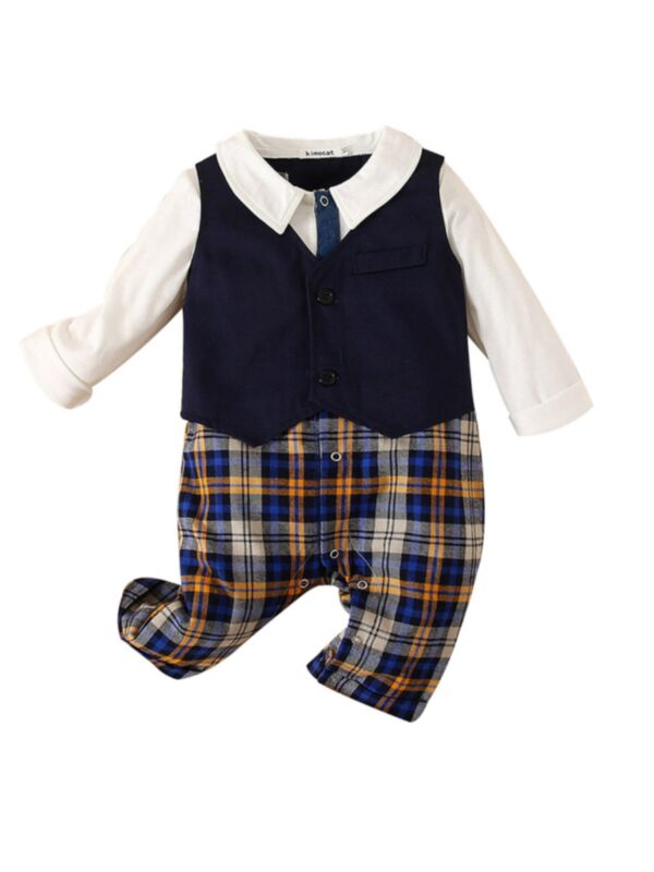 Baby Boy Fake Two Pieces Plaid British Jumpsuit