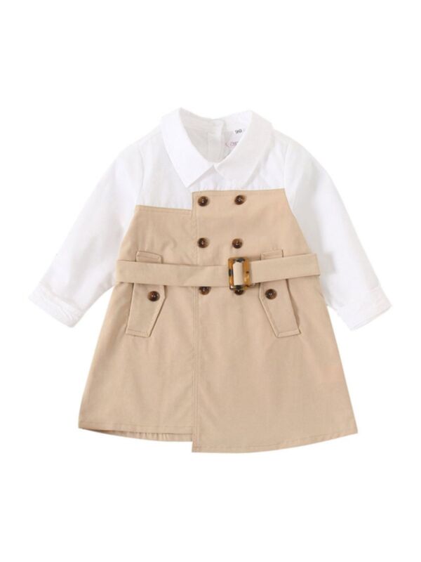 Kid Girl Turn Down Collar Patchwork Belted Shirt
