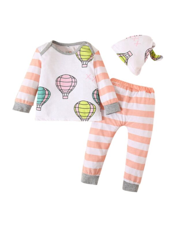 3 Pieces Baby Set Hot Air Balloon Top & Stripe Pants & Hat