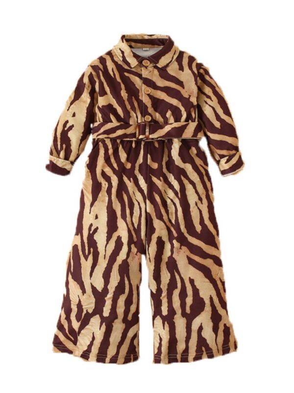 Kid Girl Tiger Print Belted Jumpsuit