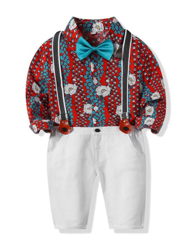 2 Pieces Kid Boy Set Bowtie Floral Shirt & Overall Pants