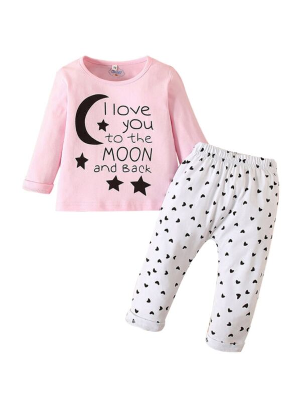 2 Pieces Baby Girl Set Star & Moon Pink Tee & Love Heart Pants
