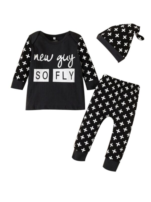 3 Pieces Baby Boy New Gug So Fly Set Tee & Print Trousers & Hat In Black 
