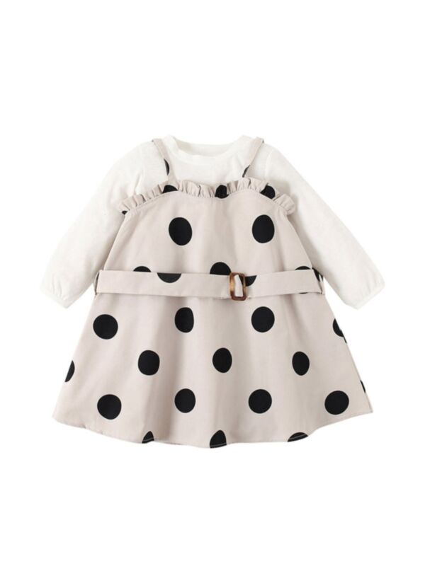 2 Pieces Kid Girl Outfit White Top & Polka Dots Belted Cami Dress
