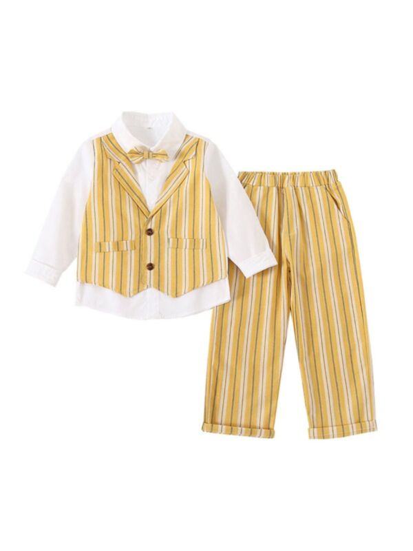 2 Pieces Kid Boy Stripe Set Fake Two Pieces Shirt & Pants