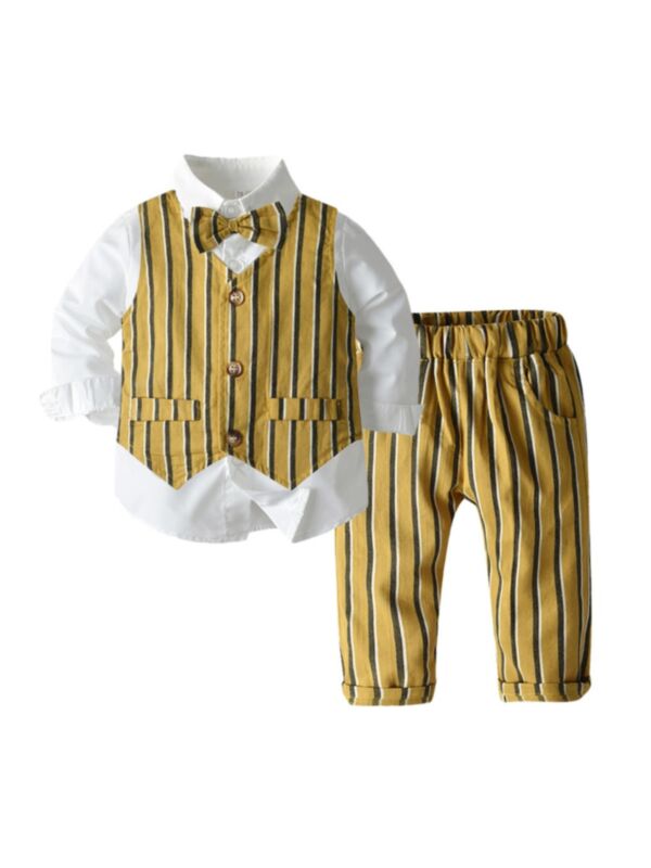 3 Pieces Kid Boy Gentleman Set Bowtie Shirt & Stripe Pants & Vest