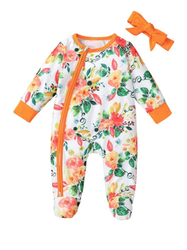 2 Pieces Infant Girl Zip-up Floral Footed Jumpsuit& Headband