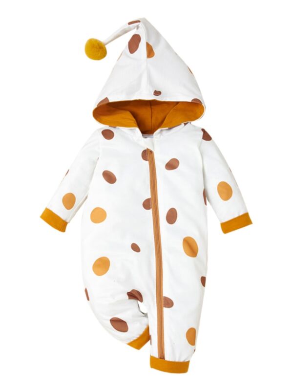 Infant Pom Pom Polka Dots Hooded Jumpsuit