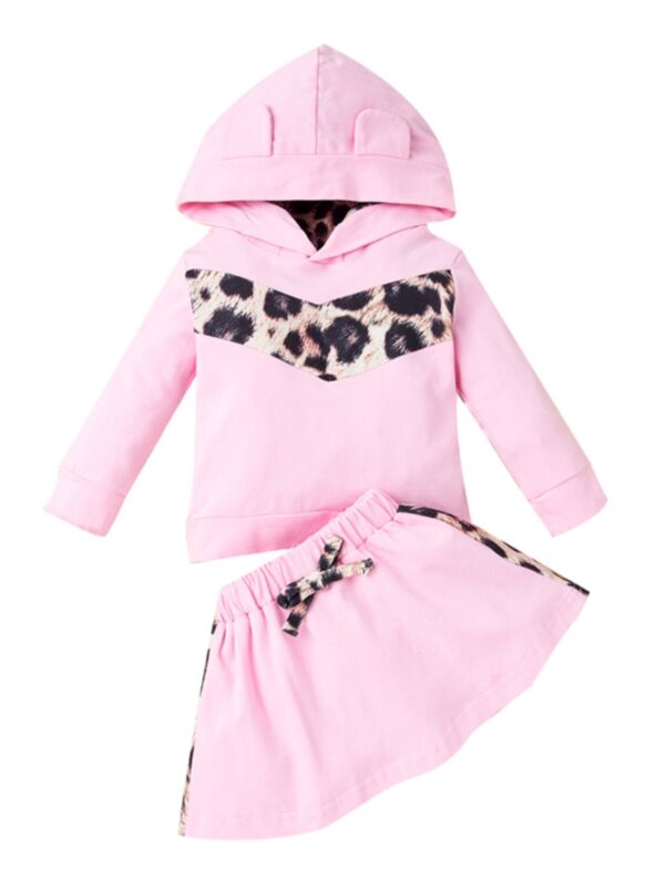 2 Pieces Baby Girl Leopard Set Pink Hooded Sweatshirt & Skirt