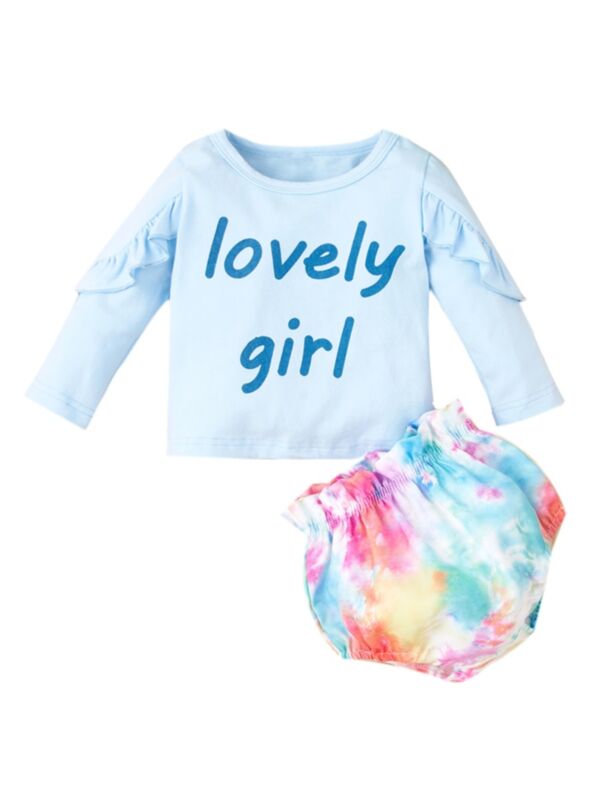 2 Pieces Lovely Girl Infant Set Blue Tee & Tie Dye Shorts