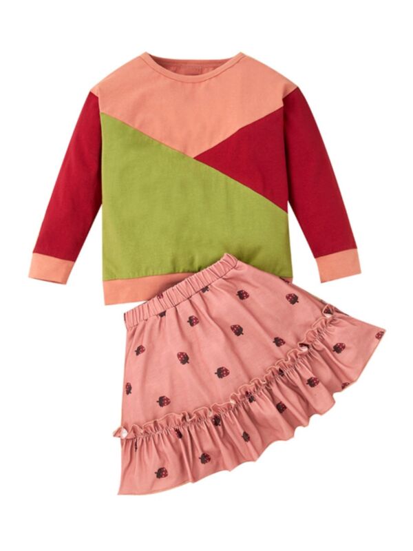 2 Pieces Kid Girl Outfit Color Blocking Tee & Strawberry Skirt