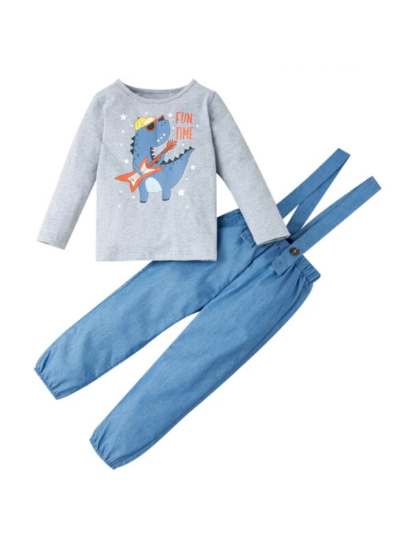 2 Pieces Kid Girl Fun Time Set Dinosaur Grey Top & Overall Pants