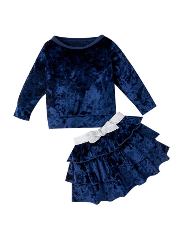 2 Pieces Infant Girl Velvet Outfit Top & Layered Skirt
