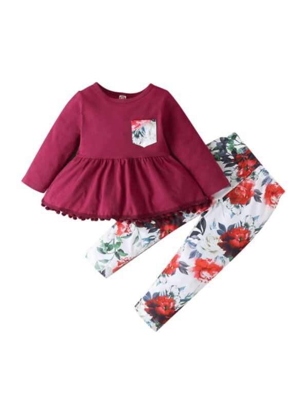 2 Pieces Kid Girl Floral Set Pom Pom Hem Tunic Top & Pants