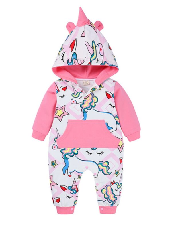 Lovely Baby Girl Unicorn Print Hoodie Jumpsuit