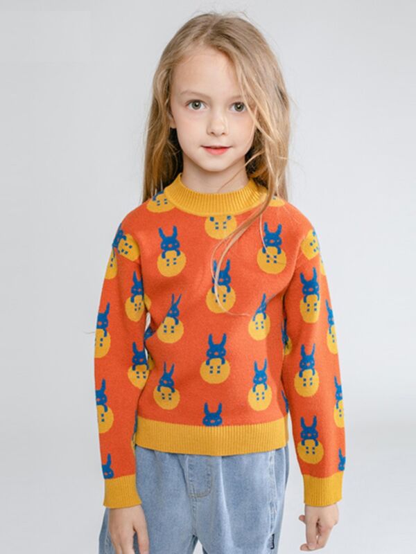 Kid Girl Rabbit Cartoon Orange Sweater