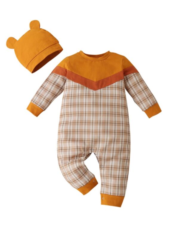 2 PCS Baby Color Blocking Plaid Jumpsuit & Hat
