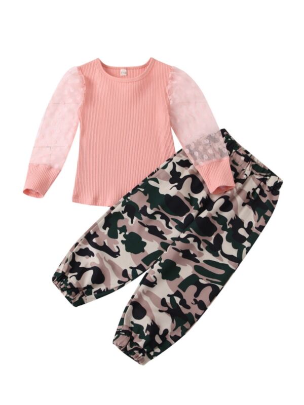 2 Pieces Kid Girl Set Polka Dots Mesh Sleeve Top & Camo Pants