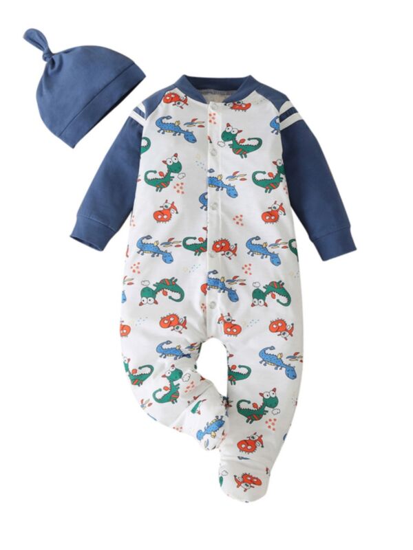 2 Pieces Infant Boy Dino Buttoned Sleepsuit With Hat