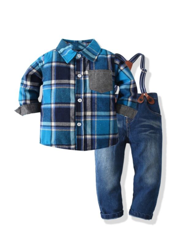 2 Pieces Infant Toddler Boy Set Plaid Shirt & Suspender Jeans