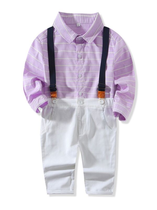 2 Pieces Kid Boy Gentleman Outfit Stripe Shirt & Overall Pants