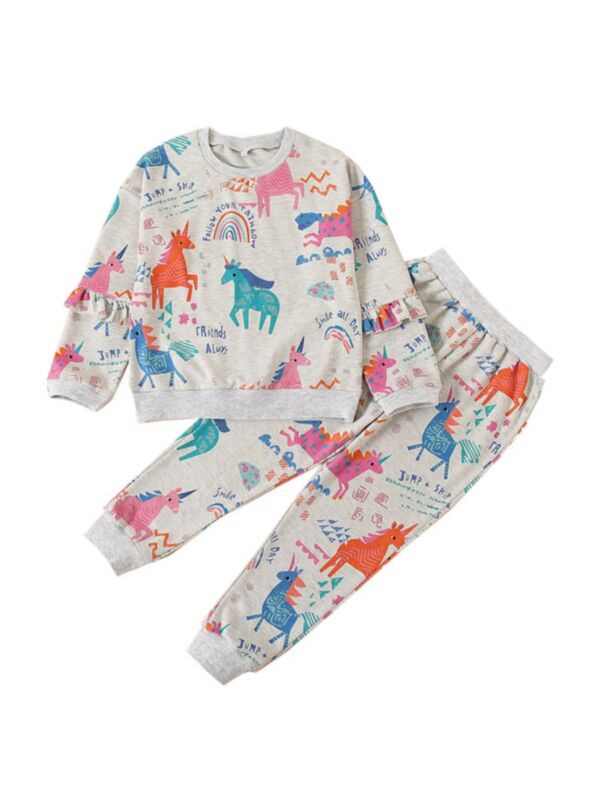 Two-Piece Kid Girl Unicorn Casual Set Top And Pants