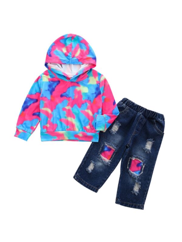 2 Pieces Kid Girl Set Tie-dye Hoodie With Ripped Jeans