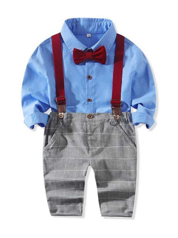 2 Pieces Kid Boy Gentleman Set Polka Dots Bowtie Shirt & Checked Overall Pants