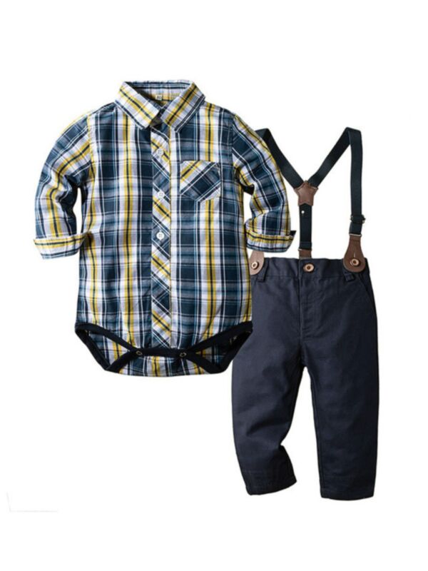 2 Pieces Baby Boy Outfit Plaid Shirt Bodysuit With Suspender Trousers
