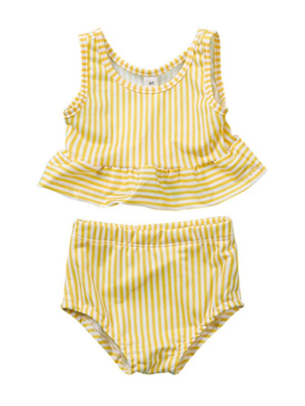 2 Pieces Kid Girl Swimwear Stripe Set Ruffle Hem Tank Top & Shorts