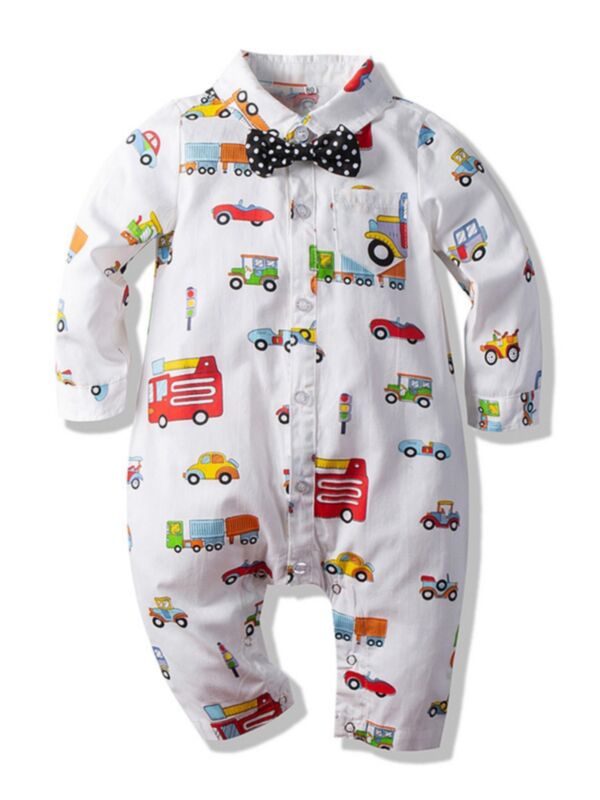 Baby Boy Car Printed Bowtie Jumpsuit