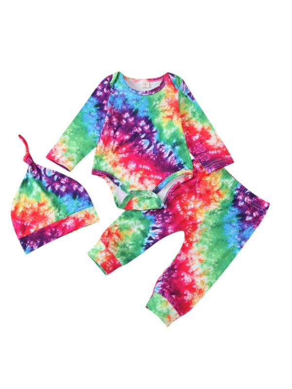3 Pieces Baby Girl Tie Dye Bodysuit & Pants & Hat Set