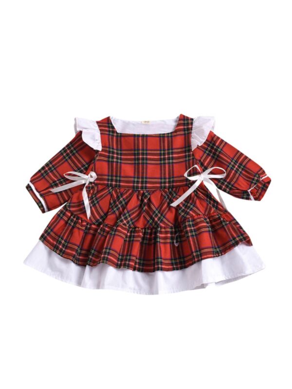 Kid Girl Double Bowknot Decor Plaid Dress