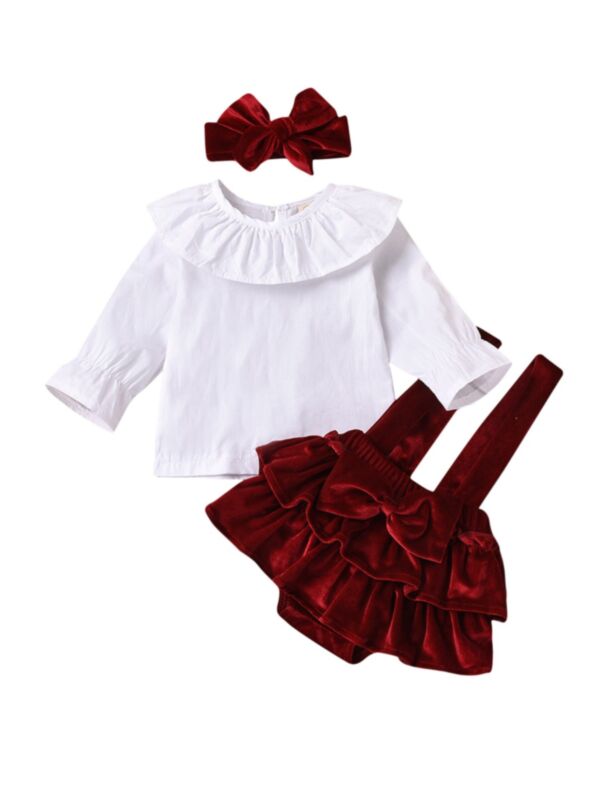 3 Pieces Baby Girl Outfit Top & Suspender Skirt & Headband