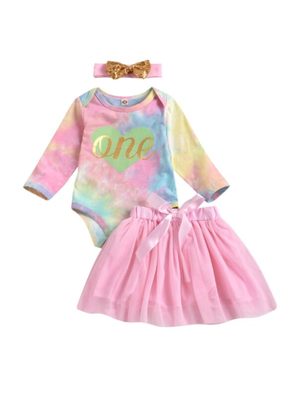 3-Pieces Baby Girl Tie Dye Set Love Heart Bodysuit & Mesh Skirt & Headband
