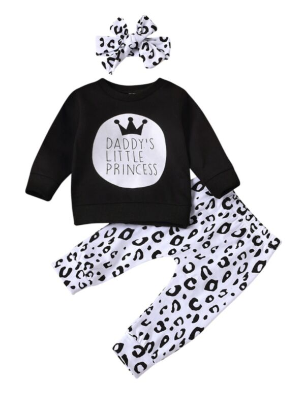 3 Pieces Baby Girl Set Crown Sweatshirt & Leopard Pants & Headband
