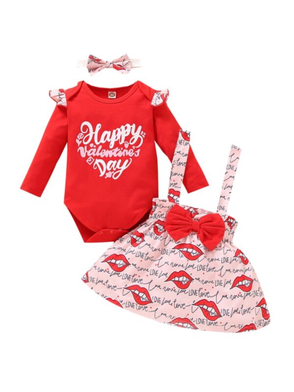 3 Pieces Baby Girl Set Letter Bodysuit & Lips Suspender Skirt & Headband
