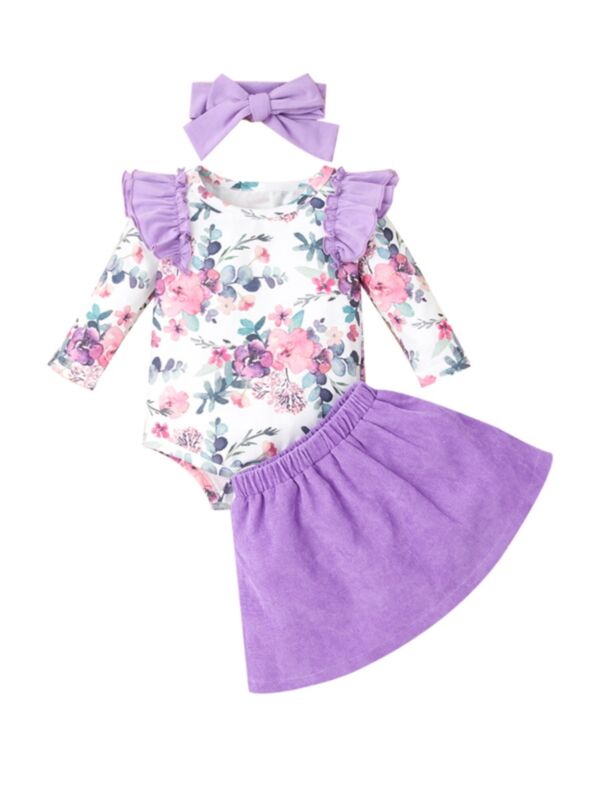 3 Pcs Infant Girl Floral Bodysuit & Skirt & Headband Set
