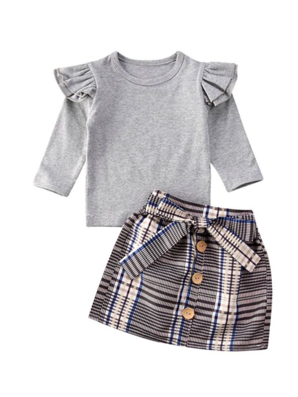 2 Pieces Kid Girl Outfit Gray Ruffle Tee & Plaid Belted Skirt