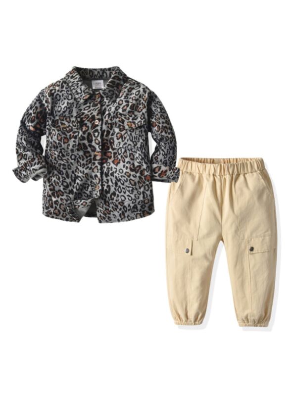 2 Pieces Kid Boy Outfit Leopard Shirt & Apricot Pants