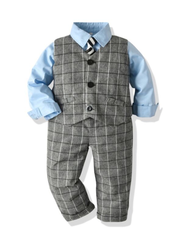 4 Pieces Kid Boy Plaid Outfit Shirt & Vest & Pants & Tie
